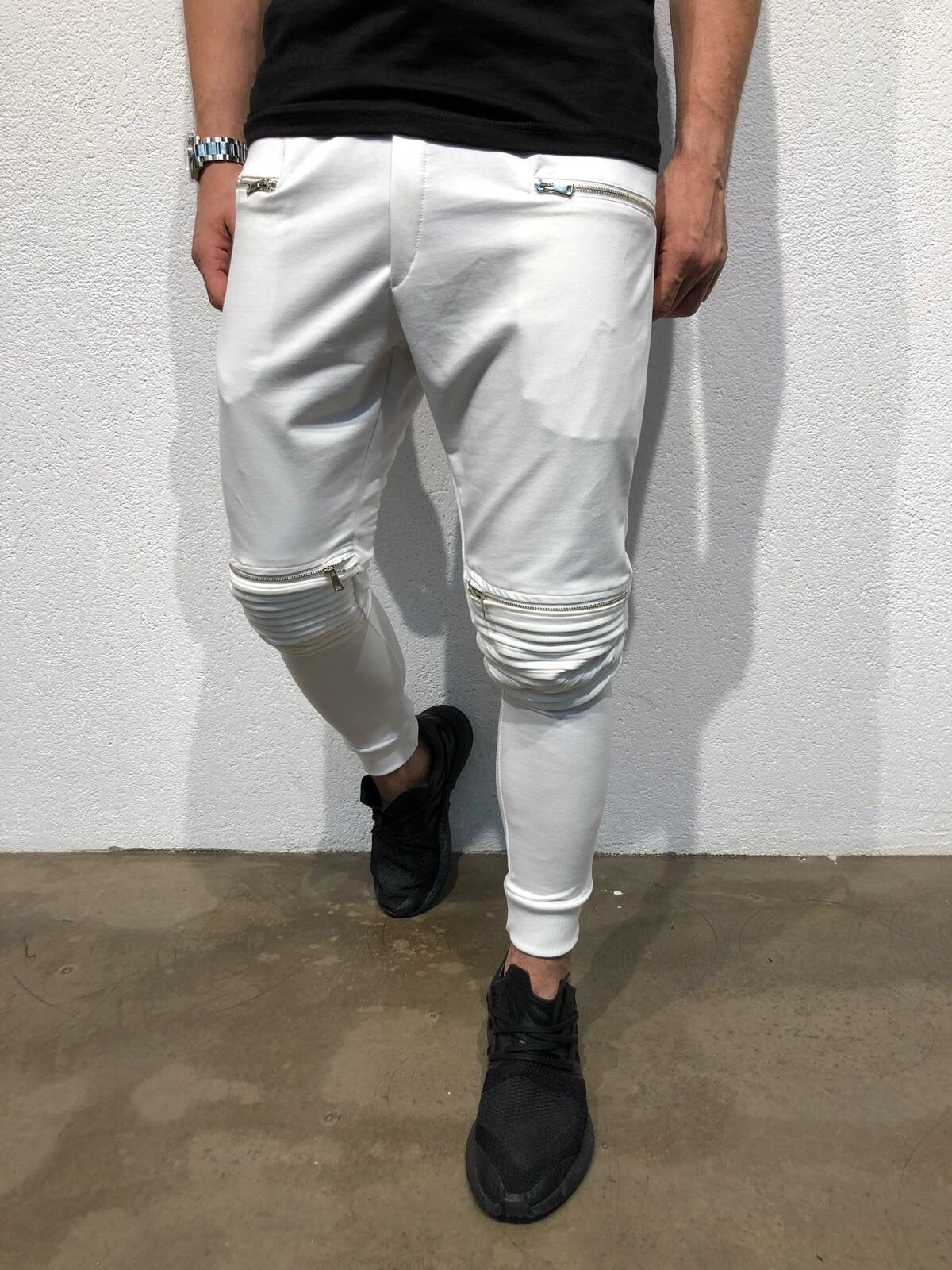 White Knee Side Pocket Zipper Jogger Pant B171 Streetwear Jogger Pants - Sneakerjeans