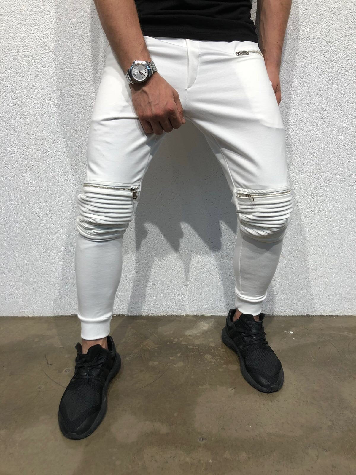 White Knee Side Pocket Zipper Jogger Pant B171 Streetwear Jogger Pants - Sneakerjeans