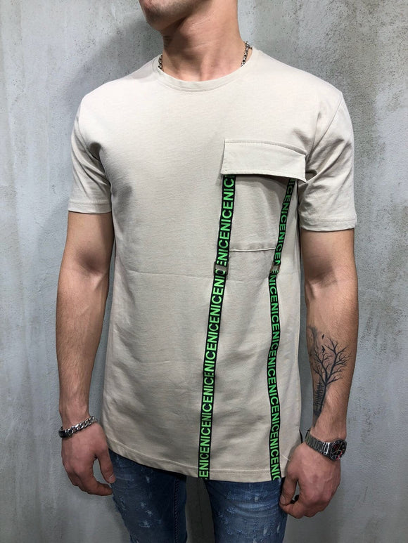 Beige Front Pocket Printed Oversize T-Shirt A49 Streetwear T-Shirts - Sneakerjeans