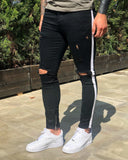 Black Distressed Side Striped Skinny Fit Denim B248 Streetwear Jeans - Sneakerjeans