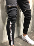 Black Front Zip Leg Side Stripe Slim Fit Denim A12 Streetwear Denim Jeans - Sneakerjeans