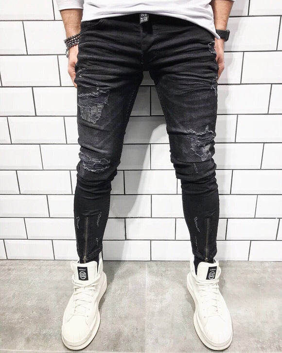 Black Front Zip Slim Fit Ripped Jeans B29 Streetwear Mens Jeans - Sneakerjeans
