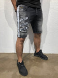 Black Patched Side Striped Slim Fit Denim Short B168 Streetwear Denim Shorts - Sneakerjeans