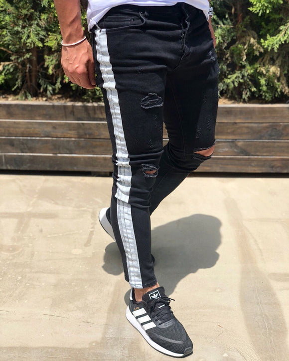 Black Side Striped Skinny Fit Denim B190 Streetwear Baggy Jeans - Sneakerjeans