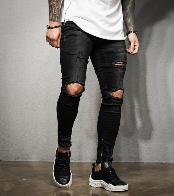 Black Washed Ripped Ankle Zip Ultra Skinny Fit Denim BL194 Streetwear Jeans - Sneakerjeans