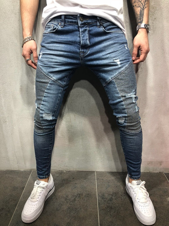 Blue Biker Destroyed Slim Fit Denim A101 Streetwear Denim Jeans - Sneakerjeans