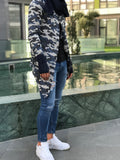 Blue Camouflage Scarf & Handwarmer sewn Asymetric Jacket 18711 Streetwear Jacket - Sneakerjeans