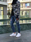 Blue Camouflage Scarf & Handwarmer sewn Asymetric Jacket 18711 Streetwear Jacket - Sneakerjeans