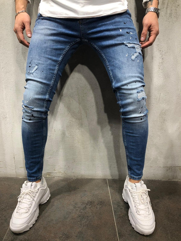 Blue Color Blobs Distressed Skinny Fit Denim A256 Streetwear Jeans - Sneakerjeans