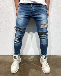 Blue  Knee Zipper Slim Fit Denim B64 Streetwear Denim Jeans - Sneakerjeans