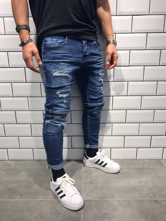 Blue Knee Zipper Slim Fit Denim SJ216 Streetwear Denim Jeans - Sneakerjeans