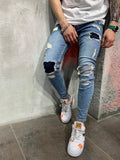 Blue Patched Ripped Jeans Slim Fit Mens Jeans AY491 Streetwear Mens Jeans - Sneakerjeans
