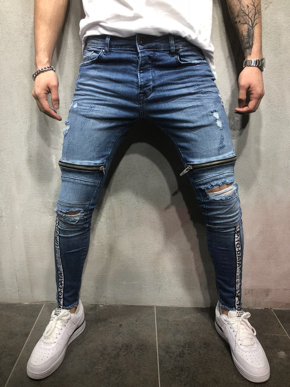 Blue Zipped Ripped Slim Fit Jeans A88 Streetwear Mens Jeans - Sneakerjeans