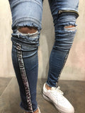 Blue Zipped Ripped Slim Fit Jeans A88 Streetwear Mens Jeans - Sneakerjeans