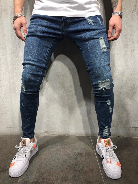 Dark Blue Distressed Skinny Fit Denim AY369 Streetwear Jeans - Sneakerjeans