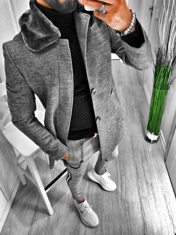 Gray Faux Fur Long Coat S126 Streetwear Mens Coat - Sneakerjeans