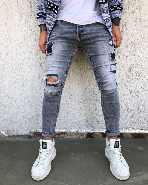 Gray Washed Patch Distressed Skinny Fit Denim B269 Streetwear Jeans - Sneakerjeans