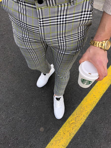 Gray Yellow Checkered Slim Fit Casual Pant DJ149 Streetwear Pant - Sneakerjeans