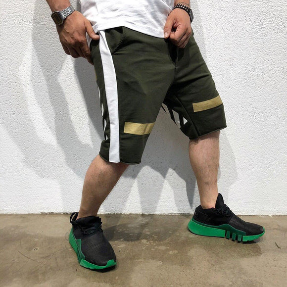 Khaki Gold Striped Sweat Short B185 Streetwear Sweat Shorts - Sneakerjeans
