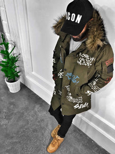 Khaki Printed Fur Oversize Jacket S192 Streetwear Oversize Jacket - Sneakerjeans