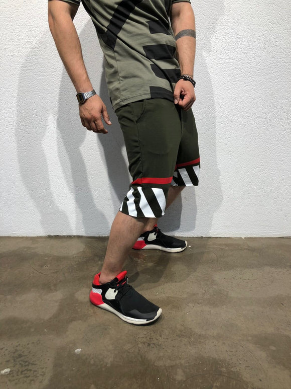 Khaki Striped Sweat Short B181 Streetwear Sweat Shorts - Sneakerjeans
