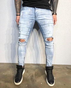 Light Blue Ankle Zip Side Striped Distressed Ultra Skinny Fit Denim B335 Streetwear Jeans - Sneakerjeans