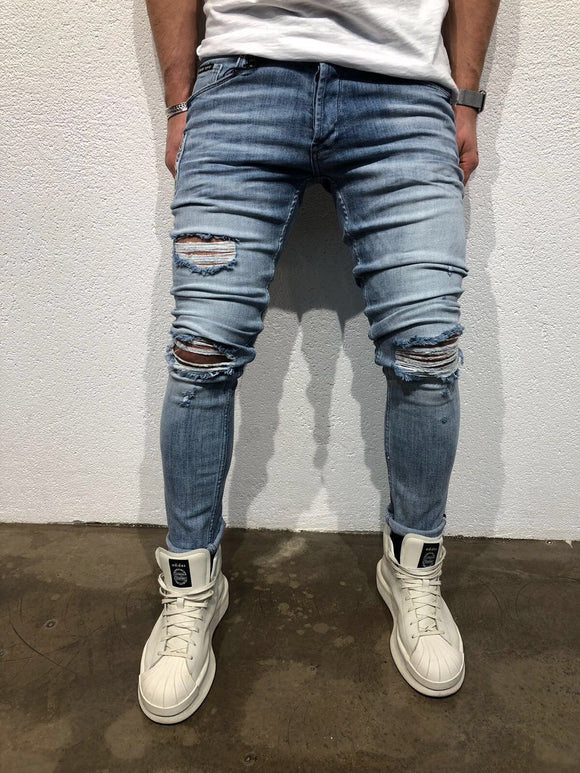Light Blue Destroyed Slim Fit Denim B62 Streetwear Denim Jeans - Sneakerjeans
