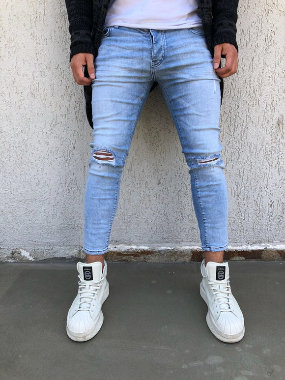 Light Blue Washed Distressed Skinny Fit Denim B266 Streetwear Jeans - Sneakerjeans