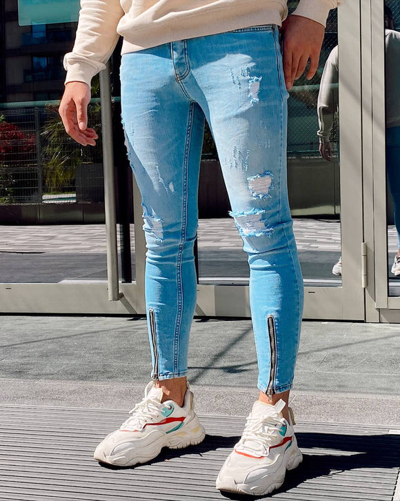 Sneakerjeans Blue Zippered Ripped Skinny Fit Jeans R103