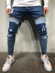 Blue Ripped Side Ring Patched Skinny Fit Jeans A232 Streetwear Mens Jeans - Sneakerjeans