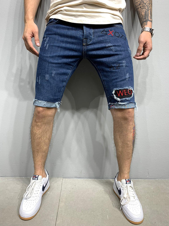 Sneakerjeans gepatchte blaue zerrissene Jeans kurz AY974