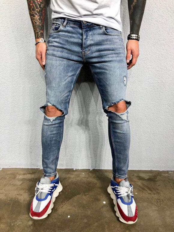 Vintage Blue Ripped Jeans Slim Fit Jeans BL503 Streetwear Mens Jeans - Sneakerjeans