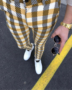 Yellow White Mixed Checkered Slim Fit Casual Pant DJ105 Streetwear Pant - Sneakerjeans